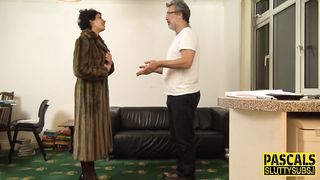 Sex-Positive cougar in undergarments is rubbin' her hairless vagina, while her counterpart is cuddling her knockers