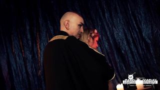 Tatted ash-blonde got ball-gagged and obliged to jism by her tormentor, in his off the hook apartment