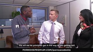 Tatted, Romanian dark haired, Megan Inky is using hook-up playthings to steamy up for multiracial 3 ways