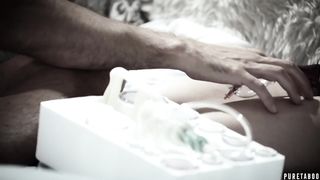 Huge tited blondie was slurping a steamy brunette’s firm puffies, while she was bound up