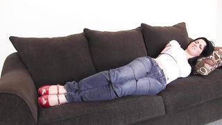 Black-Haired in crimson footwear with high high-heeled slippers, Hannah Perez got strapped up by a utter stranger