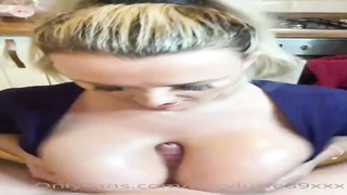 Mature Brit towheaded is pleasuring a random boy with her large globes, just for joy