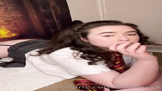 Grubby minded brown-haired is fellating a ginormous, glass fuck stick before milking in front of the web camera