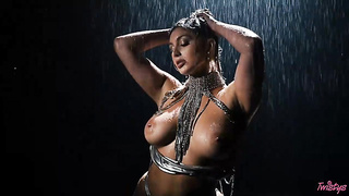 Scorching lady with monstrous breasts is draining in front of the camera with a ample, glass fake penis