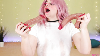 2 large fake penises boink deep that gullet - Dual deep throat - a moist white t-tee-shirt