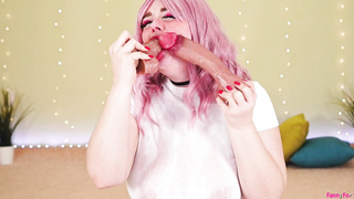 2 large fake penises boink deep that gullet - Dual deep throat - a moist white t-tee-shirt