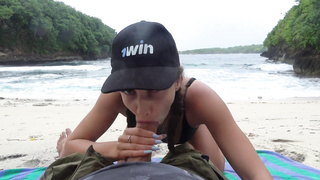 Mischievous fuck-a-thon on the beach! Super-Fucking-Hot dark-haired with ponytails, Humungous Chisel, Facial Cumshot!