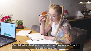 Platinum-Blonde Schoolgirl Gets a Facial Cumshot Instead of Help for Check-Ups