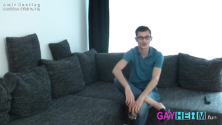 eighteen-yr-older slender smooth-shaven refugee at the German audition conversation with puny manhood and white socks