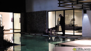 Obedient leashed MILFs served a big cock