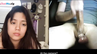 Horny brunette reaction to a stranger with huge cock