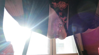 COUGAR in underwear sits on a thick faux-cock in her pierced coochie gives a bj and gets a monstrous facial cumshot