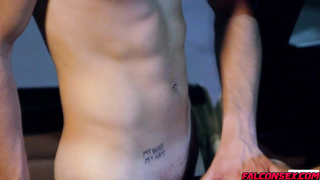 Evan pumps his hard cock into Des' smooth hole