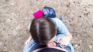 POINT OF VIEW First-Timer dark haired gives voluptuous blow-job in the woods & spunk in her facehole