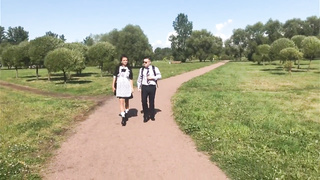 a guy helps his classmate with lessons and pesters her with an suggest of hookup in a petite caboose