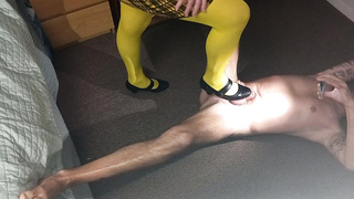 Madame in yellow nylons is nasty