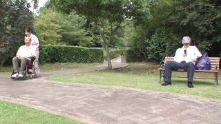 Subtitled weird Chinese half nude caregiver outdoors