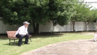 Subtitled weird Chinese half nude caregiver outdoors