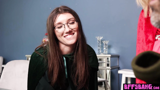 Asian teen and BFFs playing on big cock