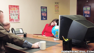 Desperate mom Tiffany Fox squirts in principal's mouth and swallows his cock!