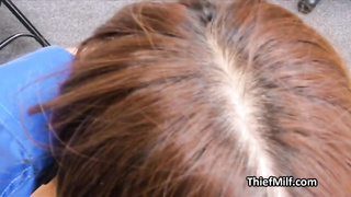 Big tit Asian MILF suspect gags on guards cock