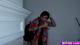 Stud fucks these three horny babes in bed