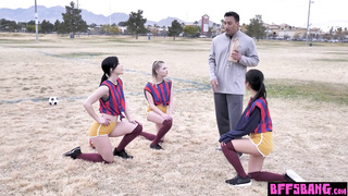 Asian teen and BFFs fucking the coach
