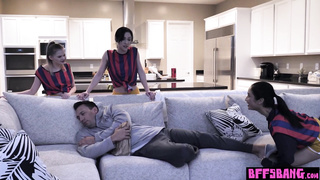 Asian teen and BFFs fucking the coach