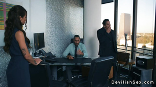 Rich guy fucking tanned brunette babe in his house