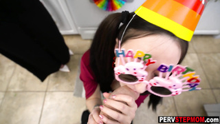 Blowjob party with wet stepmom and teen