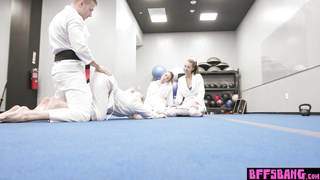 Teen karate hotties fighting on big cock