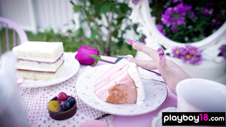 Blondie taking off her fancy lingerie