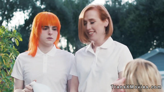 Threesome shemale fucking in resort