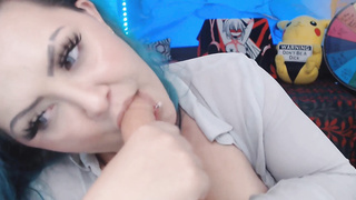 Lascivious plump girl toying her mouth and phat twat