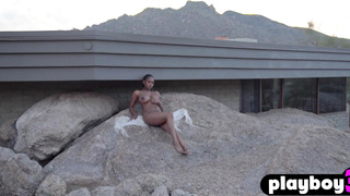 Big tits ebony teen model posing outdoor