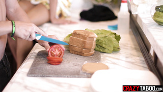 Stepmom fucks stepson in the kitchen