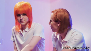 Shemales fuck blonde in massage parlor in threesome