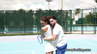 Curly ebony spinner gets on cock after tennis