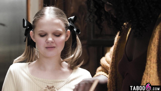 Tiny blonde teen has black stepparents