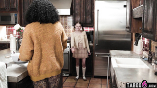 Tiny blonde teen has black stepparents