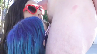 besties fuck a stranger by the pool while eating pussy