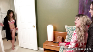 Two hot shemales fuck babe at party in threesome