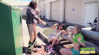 Public Handjobs Raquel Roper and Jessie Young Homeless Handjob