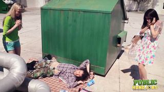 Public Handjobs Raquel Roper and Jessie Young Homeless Handjob