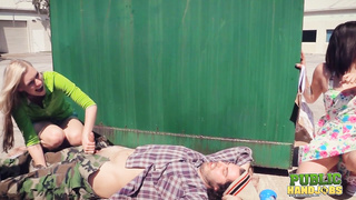 Public Handjobs Raquel Roper and Jessie Young Homeless Handjob