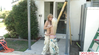 Lesbian teen scissoring with bff outdoor