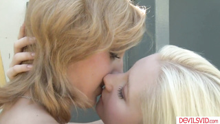 Lesbian teen scissoring with bff outdoor