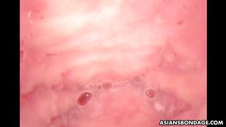 Corded up Japanese sweety gets played by the camera fake penis