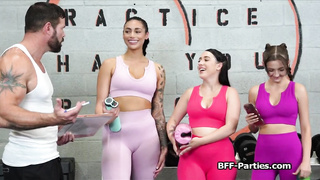 Girlfriends working hard for gym membership