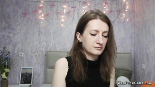 Brunette babe strips to bra on webcam solo show